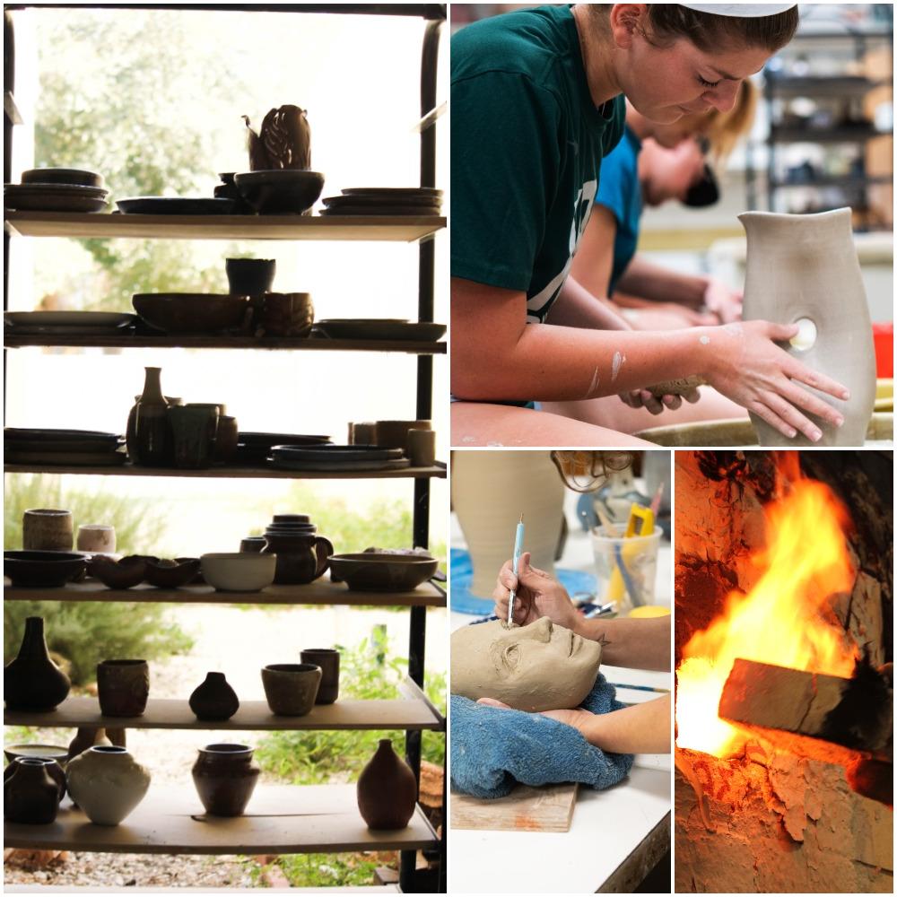 在陶工转盘上工作的学生的拼贴图片, 窑中的火焰, 雕刻技术和手推车与陶器. 