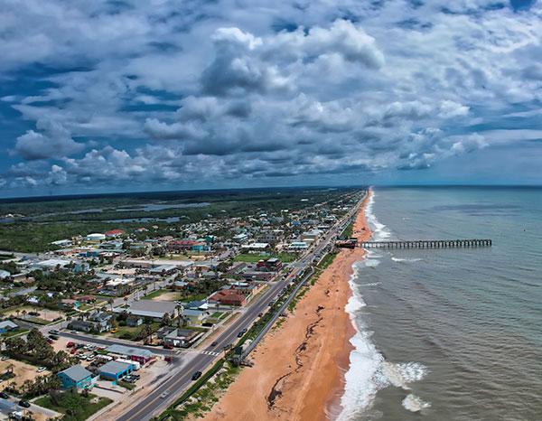 An aerial view of the coast of Palm Coast, Florida.
